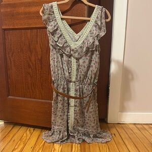 Floral Green Dress with Brown Belt